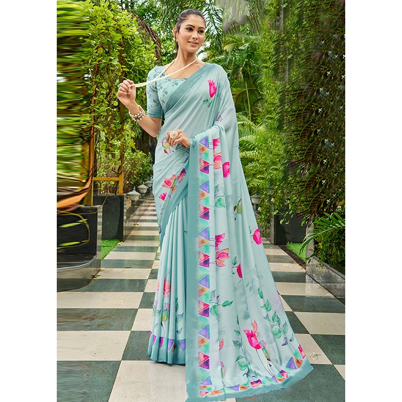 Turquoise Crepe Silk Saree With Blouse Piece - JD986606906