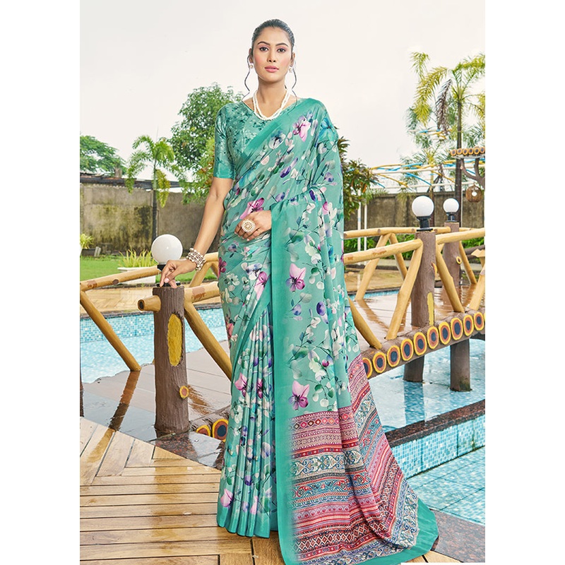 Turquoise Crepe Silk Saree With Blouse Piece - JD986606907
