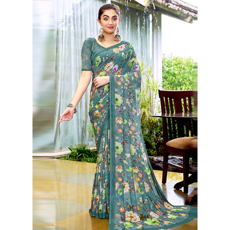 Turquoise Georgette Saree With Blouse Piece - JD986606905