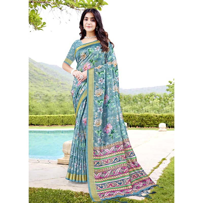 Turquoise Spun Silk Saree With Blouse Piece - JD986606904