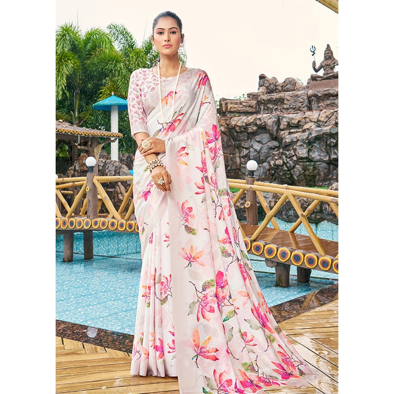 White Crepe Silk Saree With Blouse Piece - JD986606903