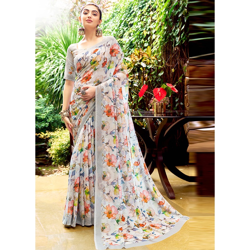 White Georgette Saree With Blouse Piece - JD986606902