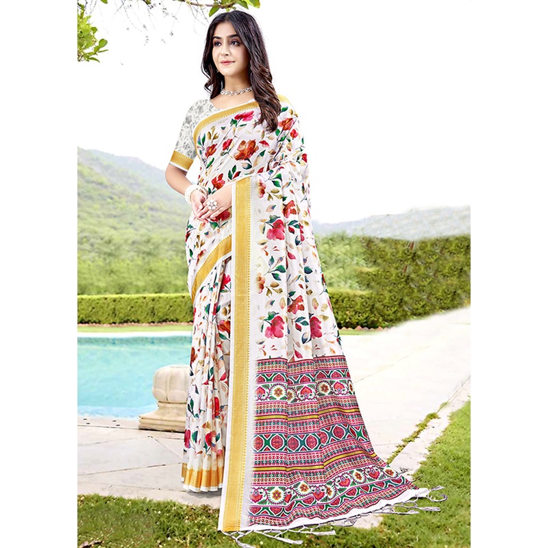 White Spun Silk Saree With Blouse Piece - JD986606901