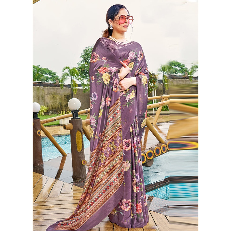 Wine Crepe Silk Saree With Blouse Piece - JD986606900