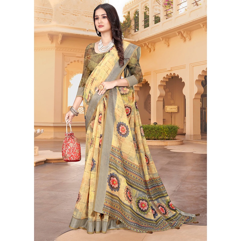Yellow Linen Silk Saree With Blouse Piece - JD986606898