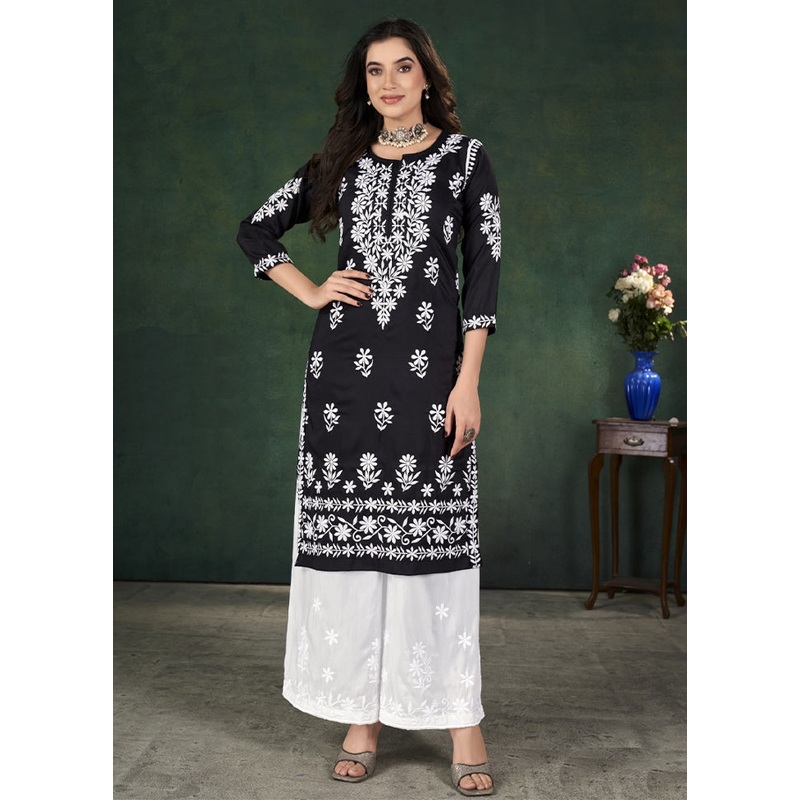 2 Pc Black Readymade Silk Kurti Set - JD986606839