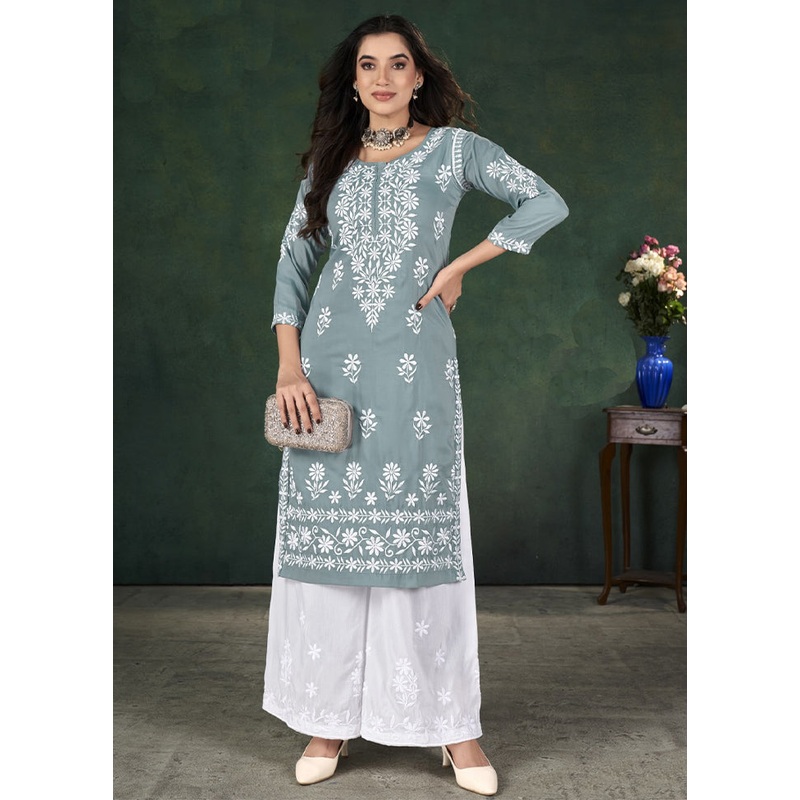 2 Pc Grey Readymade Silk Kurti Set - JD986606838