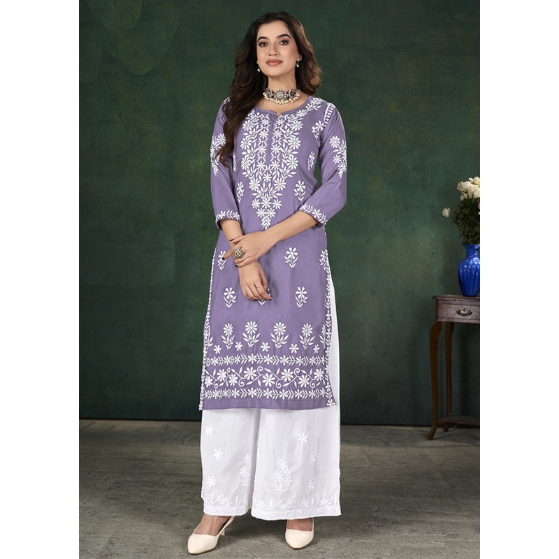 2 Pc Lavender Readymade Silk Kurti Set - JD986606837