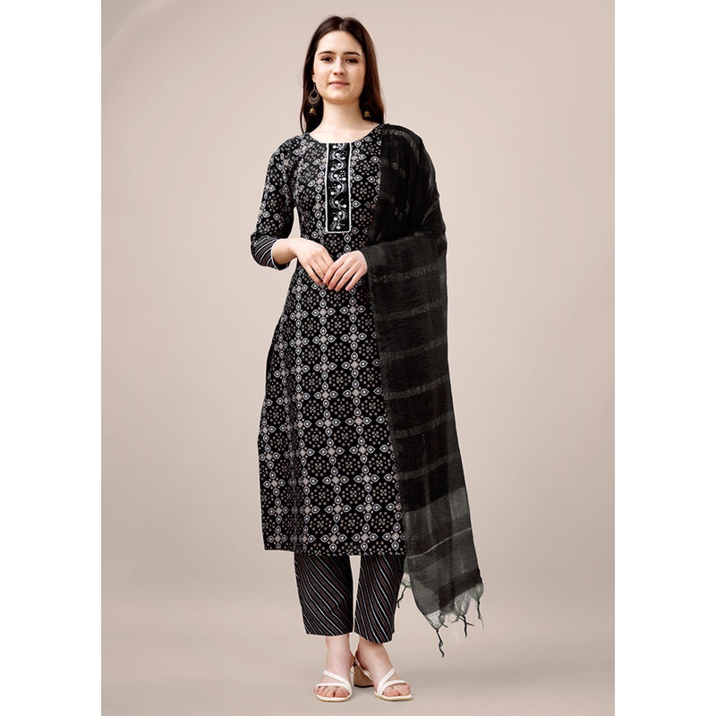 3 Pc Black Readymade Rayon Suit Set - JD986606831