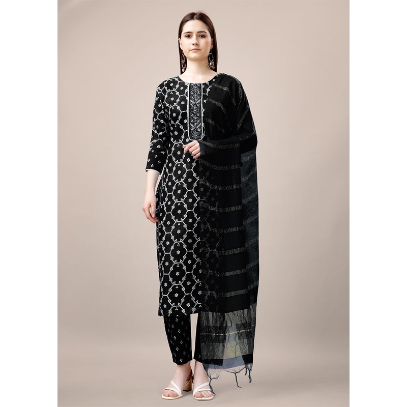 3 Pc Black Readymade Rayon Suit Set - JD986606832