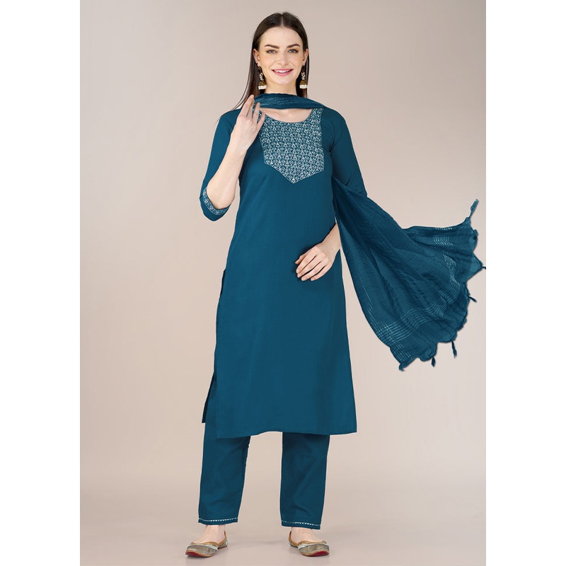 3 Pc Blue Readymade Cotton Suit Set - JD986606830