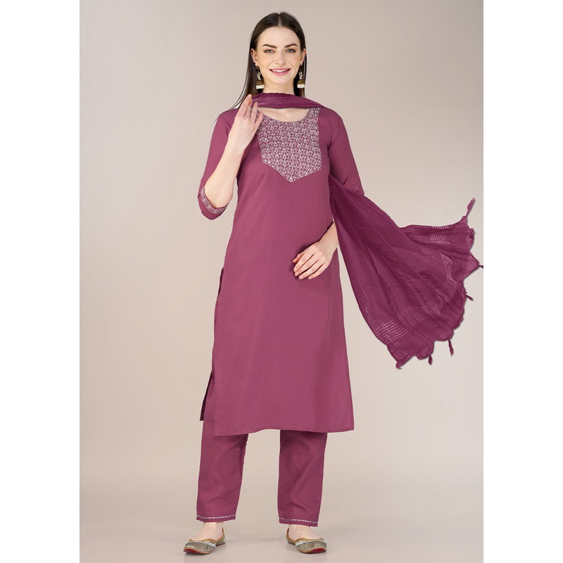 3 Pc Wine Readymade Cotton Suit Set - JD986606796