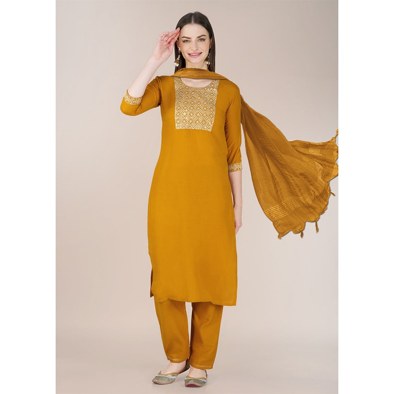 3 Pc Yellow Readymade Cotton Suit Set - JD986606795