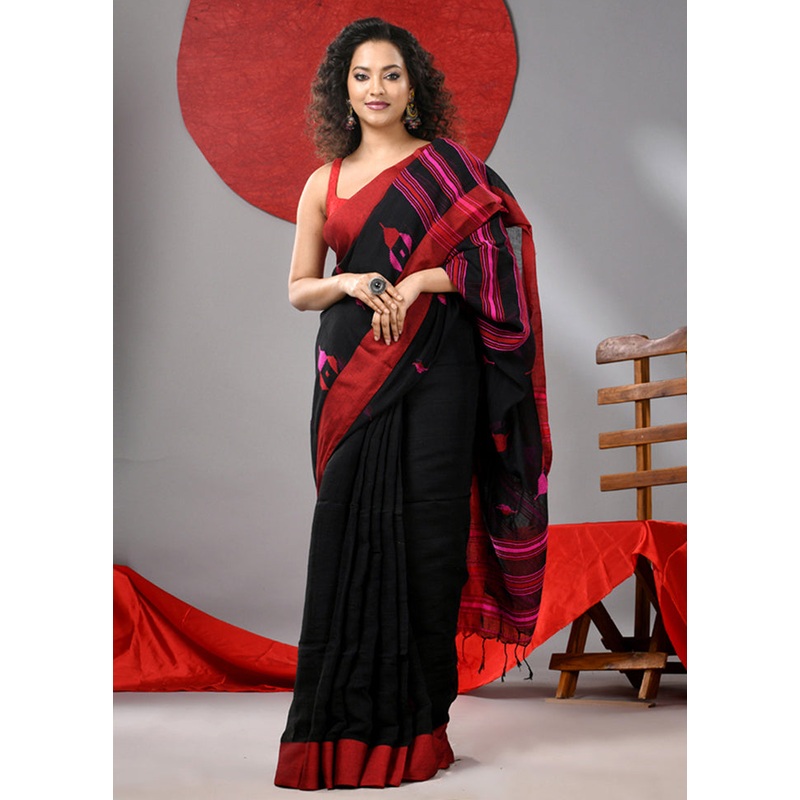 Black Cotton Saree With Blouse Piece - JD986606779