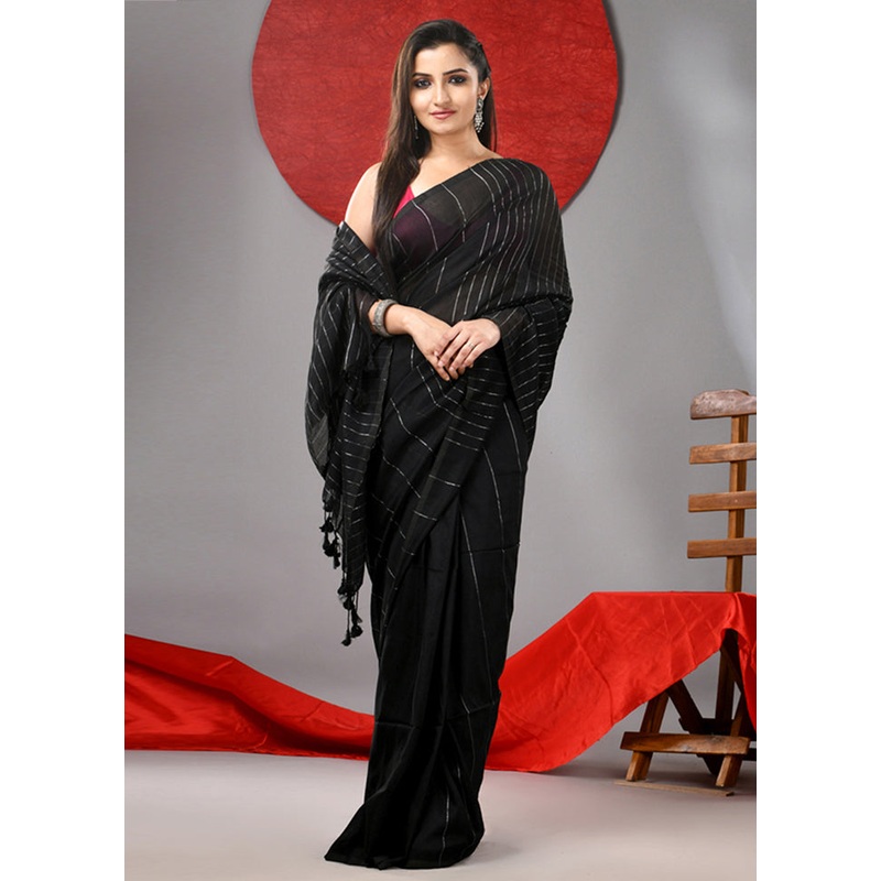 Black Cotton Saree With Blouse Piece - JD986606780