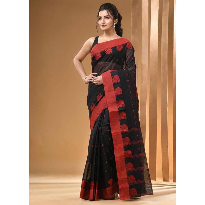 Black Cotton Woven Work Saree Without Blouse Piece - JD986606777