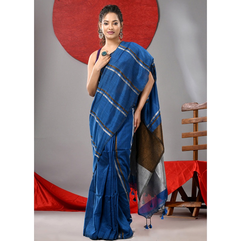 Blue Cotton Saree With Blouse Piece - JD986606776