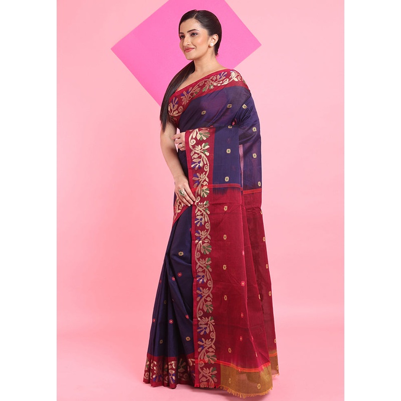 Blue Cotton Woven Work Saree Without Blouse Piece - JD986606775