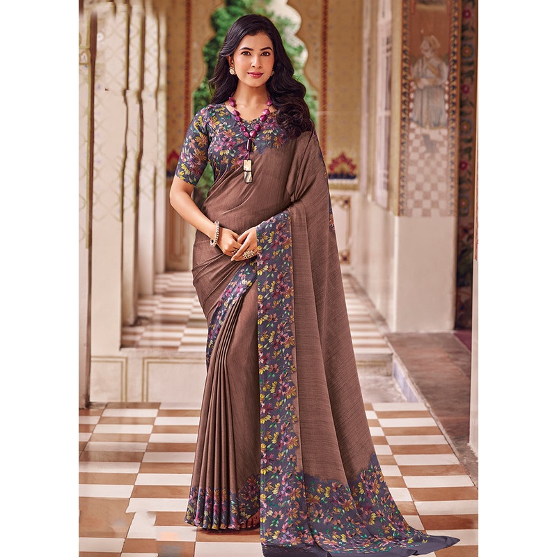 Brown Chiffon Silk Saree With Blouse Piece - JD986606736
