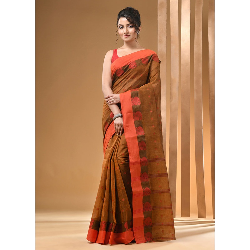 Brown Cotton Woven Work Saree Without Blouse Piece - JD986606774