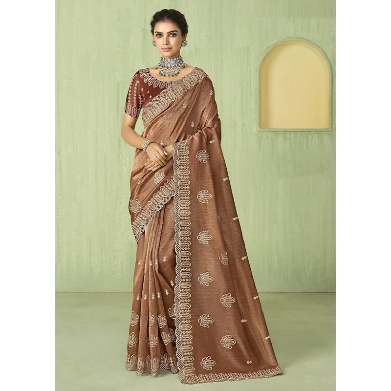 Brown Spun Silk Saree With Blouse Piece - JD986606732