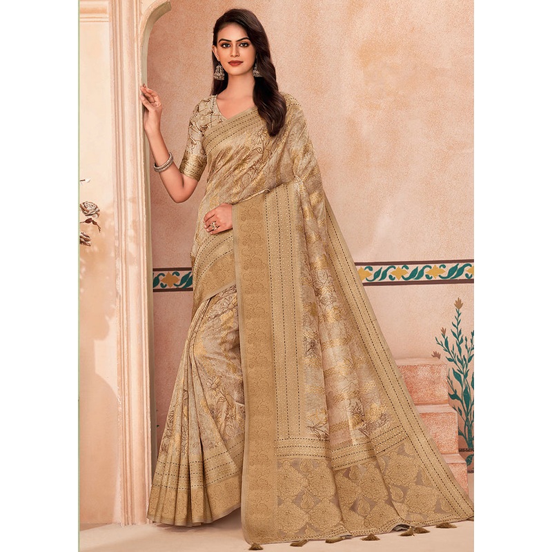 Cream Spun Silk Saree With Blouse Piece - JD986606727