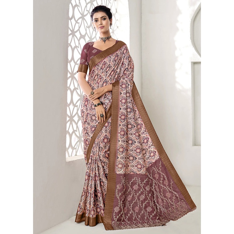 Cream Spun Silk Saree With Blouse Piece - JD986606729