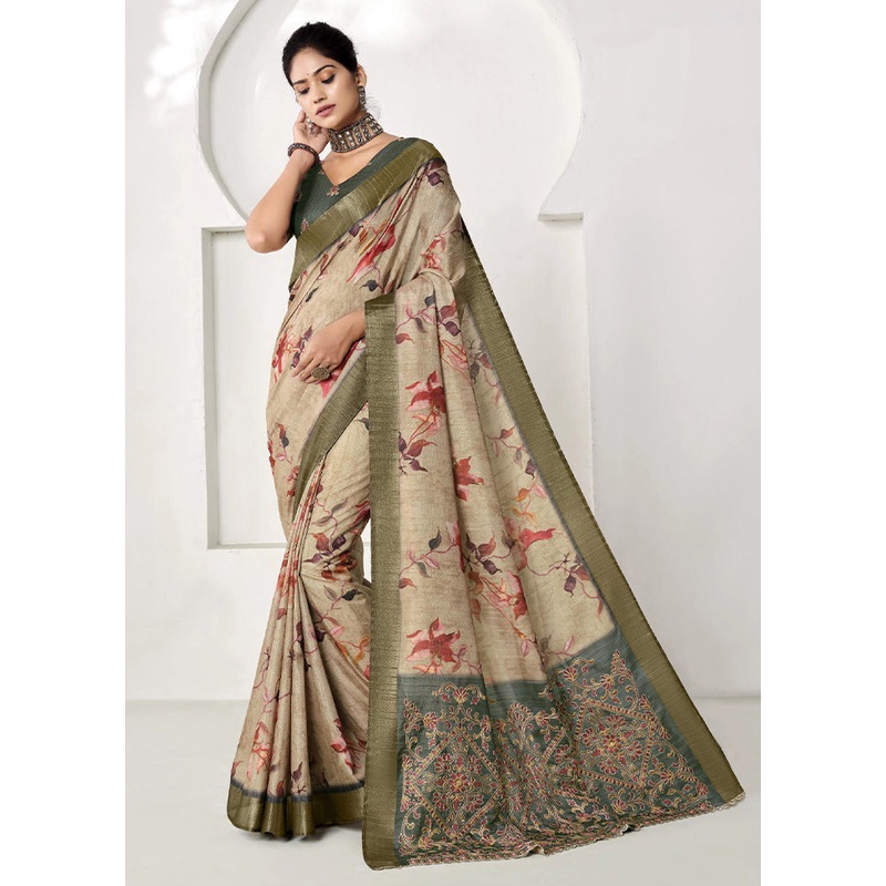 Cream Spun Silk Saree With Blouse Piece - JD986606730