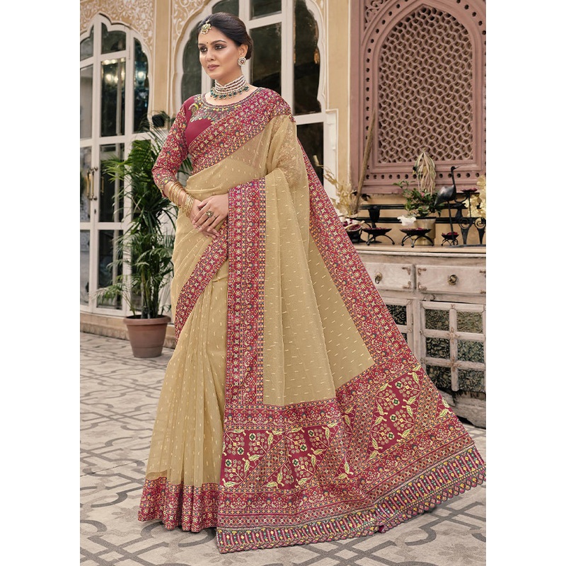 Cream Spun Silk Saree With Blouse Piece - JD986606731