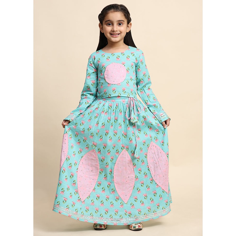 Green Cotton Full Sleeves Round Neckshape Lehenga - JD986606887