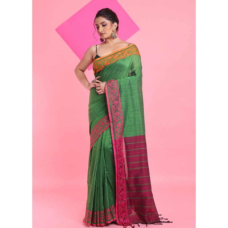 Green Cotton Saree With Blouse Piece - JD986606770