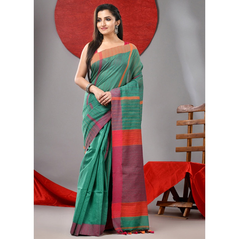 Green Cotton Saree With Blouse Piece - JD986606771