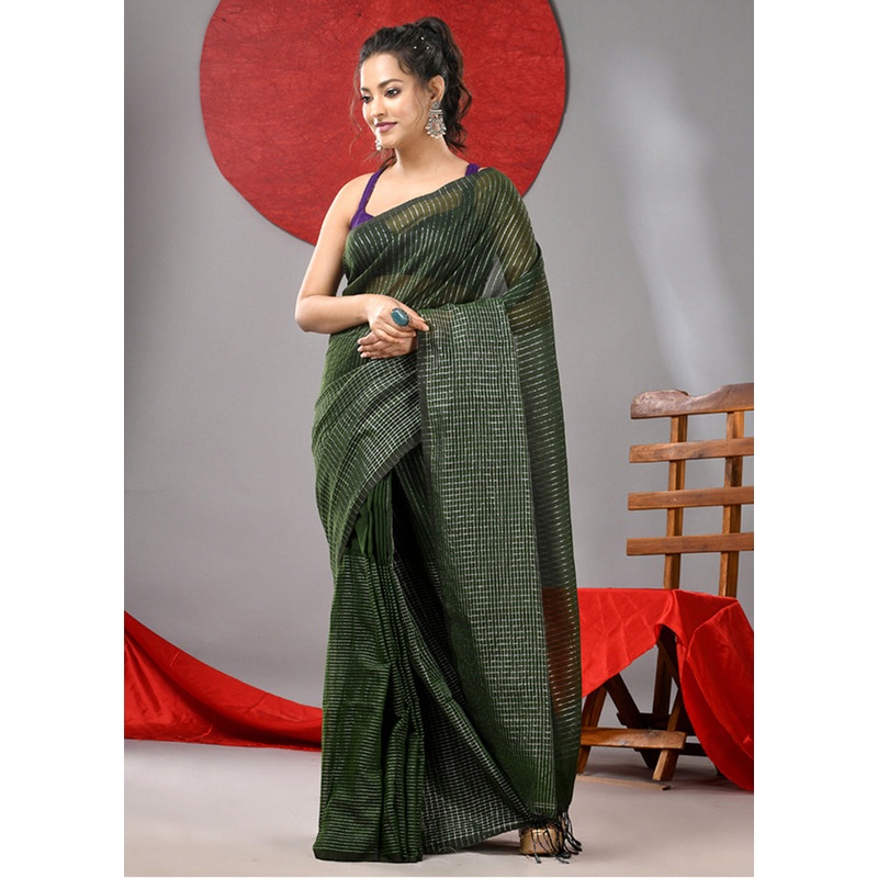 Green Cotton Saree With Blouse Piece - JD986606772