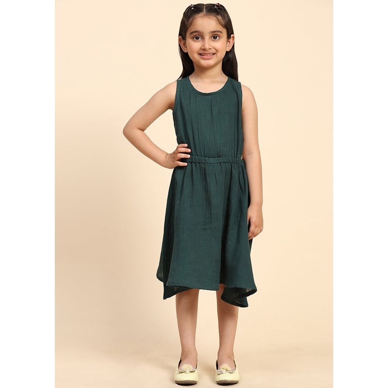 Green Cotton Sleeveless Round Neckshape Indian Dress - JD986606886