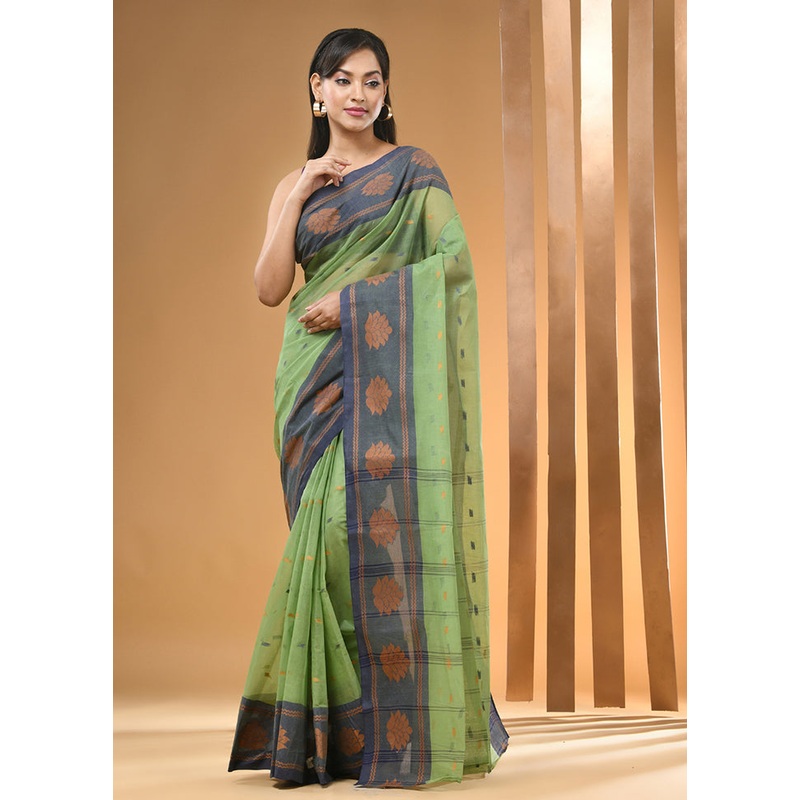 Green Cotton Woven Work Saree Without Blouse Piece - JD986606769