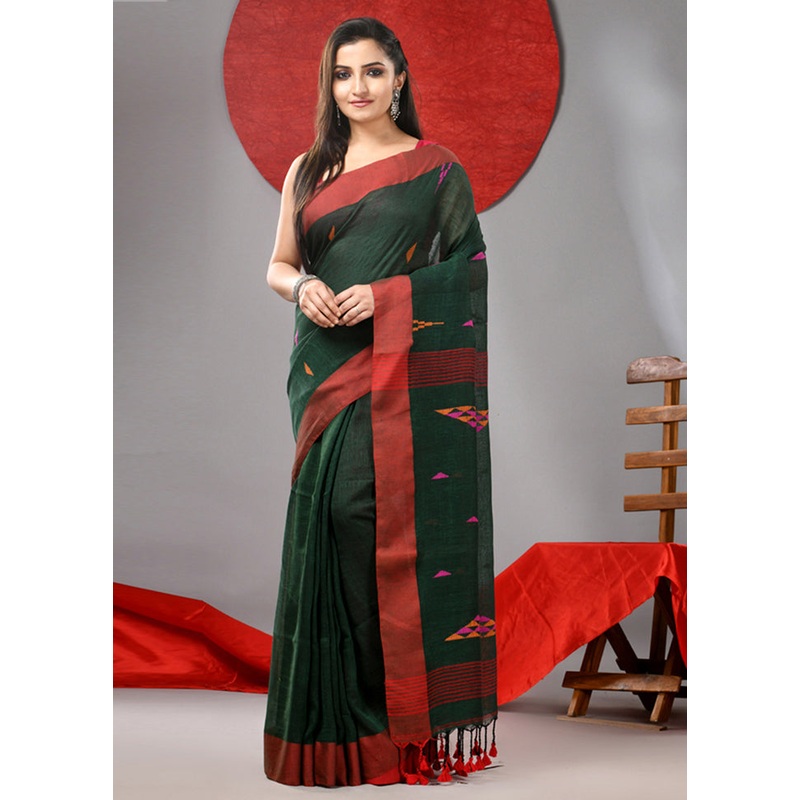 Green Linen Silk Saree With Blouse Piece - JD986606768