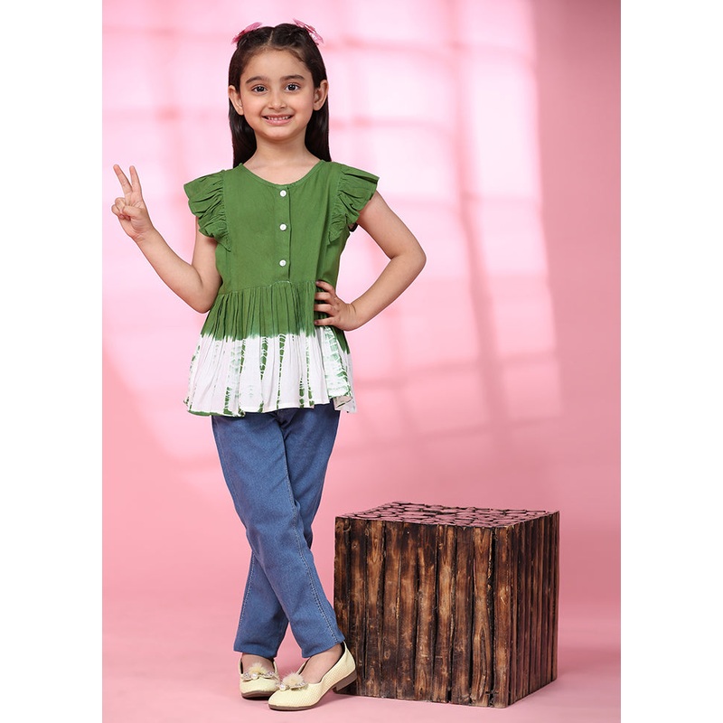 Green Rayon Short Sleeves V Neckshape Top - JD986606883
