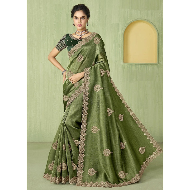 Green Spun Silk Saree With Blouse Piece - JD986606721