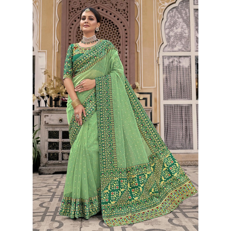 Green Spun Silk Saree With Blouse Piece - JD986606722