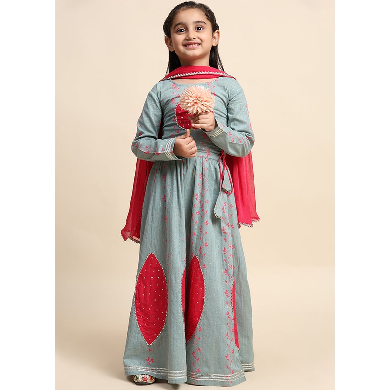 Grey Cotton Full Sleeves Round Neckshape Lehenga - JD986606881