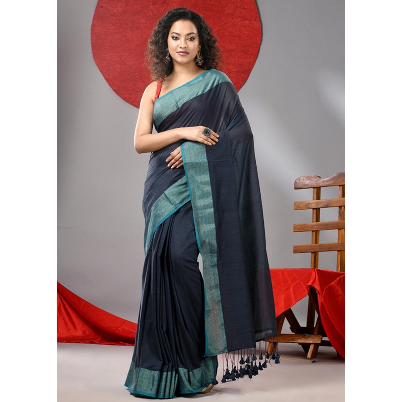 Grey Cotton Saree With Blouse Piece - JD986606766