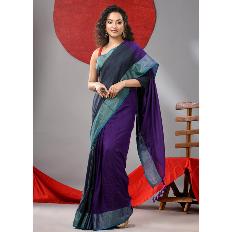 Grey Cotton Saree With Blouse Piece - JD986606767