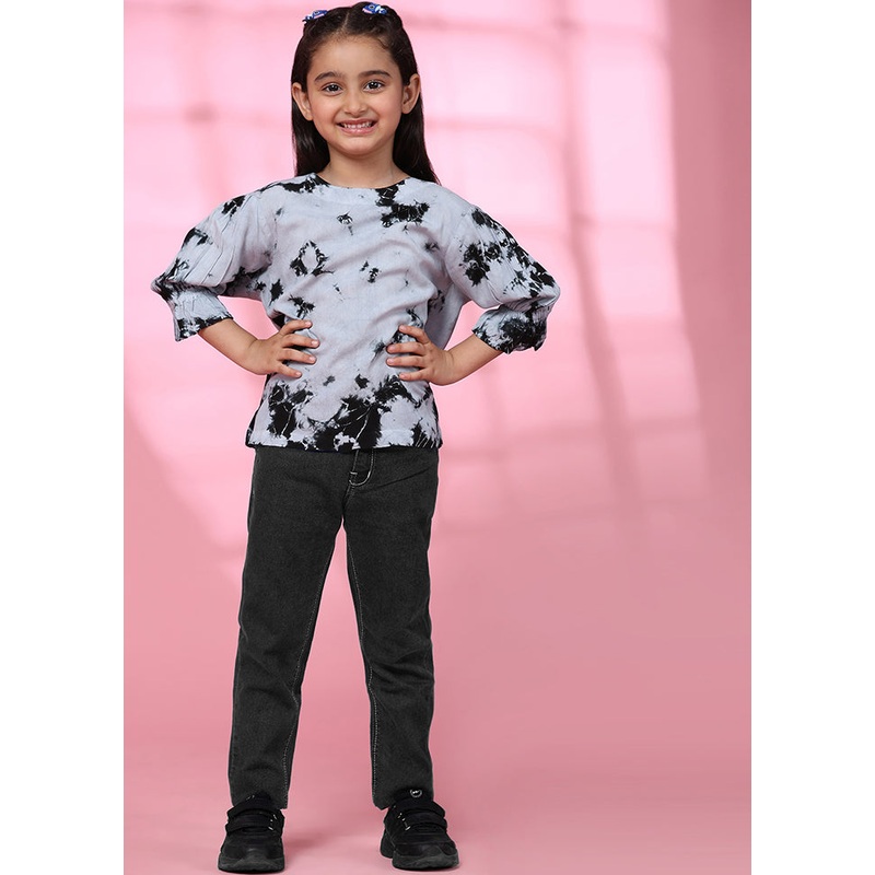 Grey Rayon Three Fourth Sleeves Round Neckshape Top - JD986606879