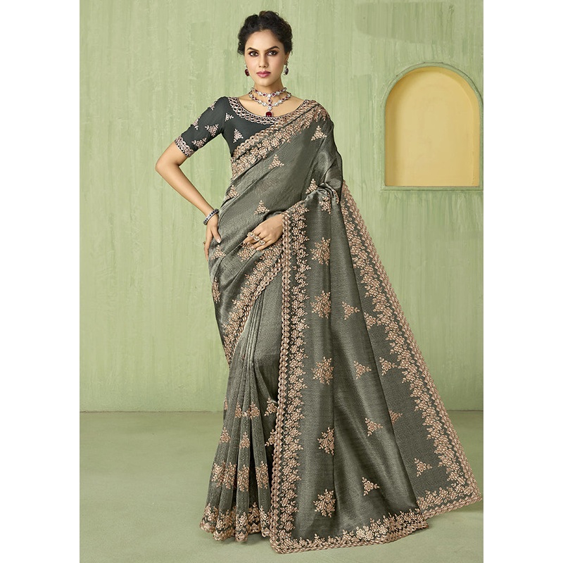 Grey Spun Silk Saree With Blouse Piece - JD986606716