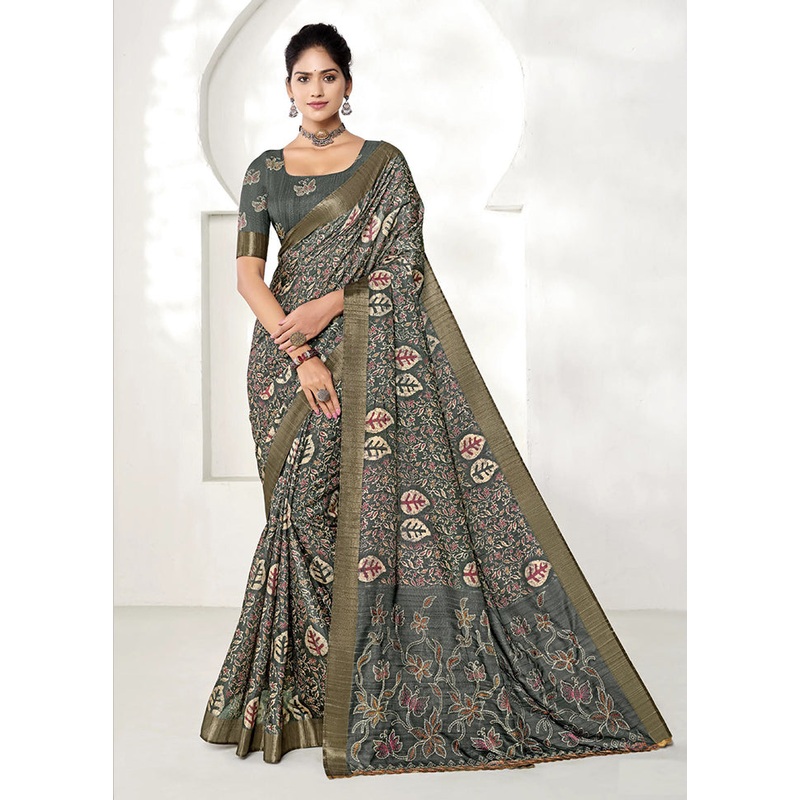 Grey Spun Silk Saree With Blouse Piece - JD986606717