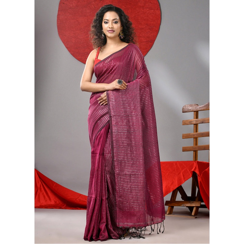 Magenta Cotton Saree With Blouse Piece - JD986606763