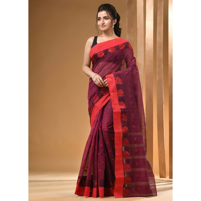 Magenta Cotton Woven Work Saree Without Blouse Piece - JD986606762