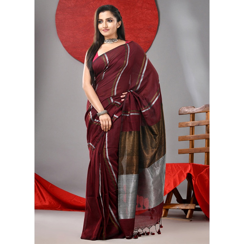 Maroon Cotton Saree With Blouse Piece - JD986606761