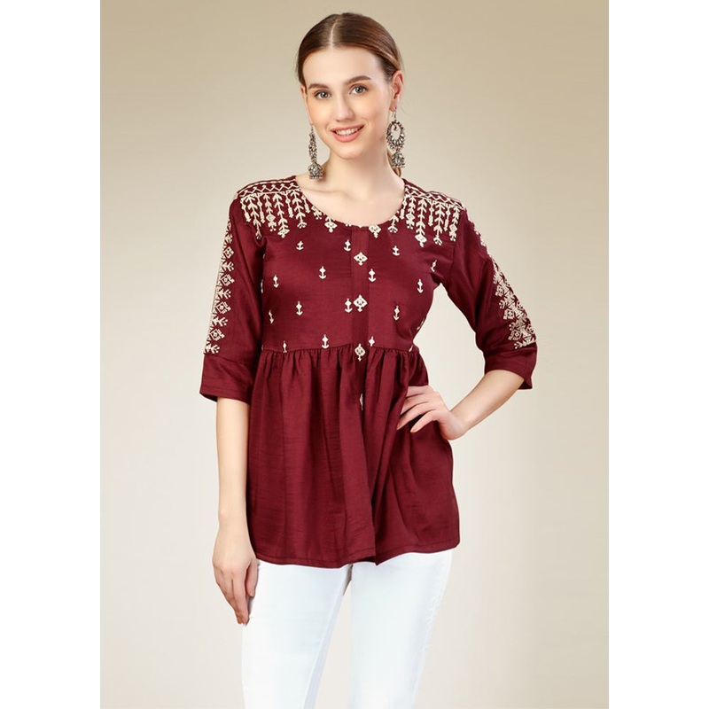 Maroon Readymade Silk Kurti - JD986606794