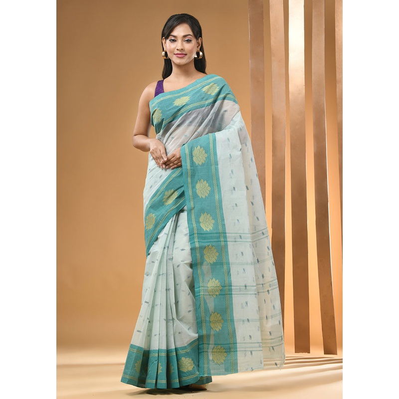 Mint Green Cotton Woven Work Saree Without Blouse Piece - JD986606760